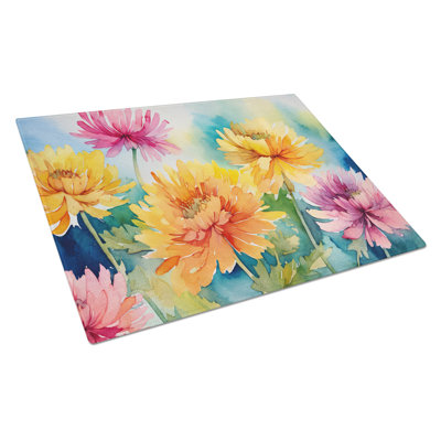 Chrysanthemums in Watercolor Glass Cutting Board Large