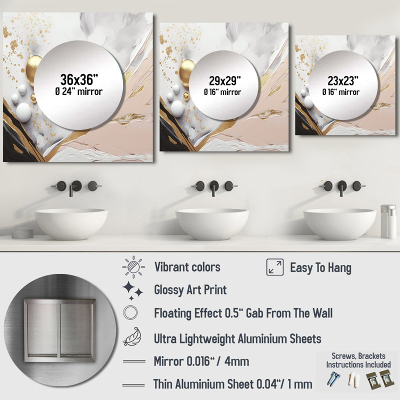 Gevin - Abstract Marble Square Mirror Wall Art For Bathroom, 23" x 23"