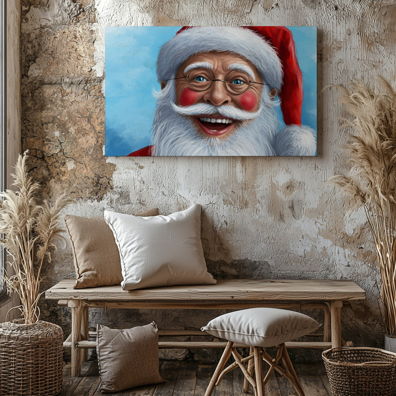 Toile «Un homme âgé joyeux avec une épaisse barbe blanche et art mural rouge vif portant un chapeau de père Noël rouge classique»