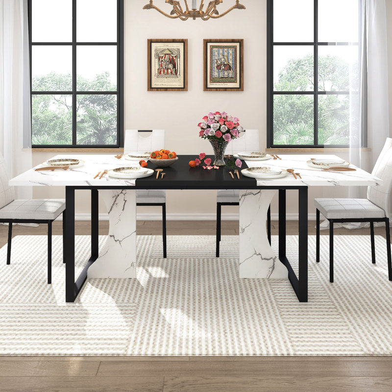 7-Piece Rectangle 71" Dining Table Sets With Adjustable Foot Pads For Dining Room, Restarant, Or Canteen