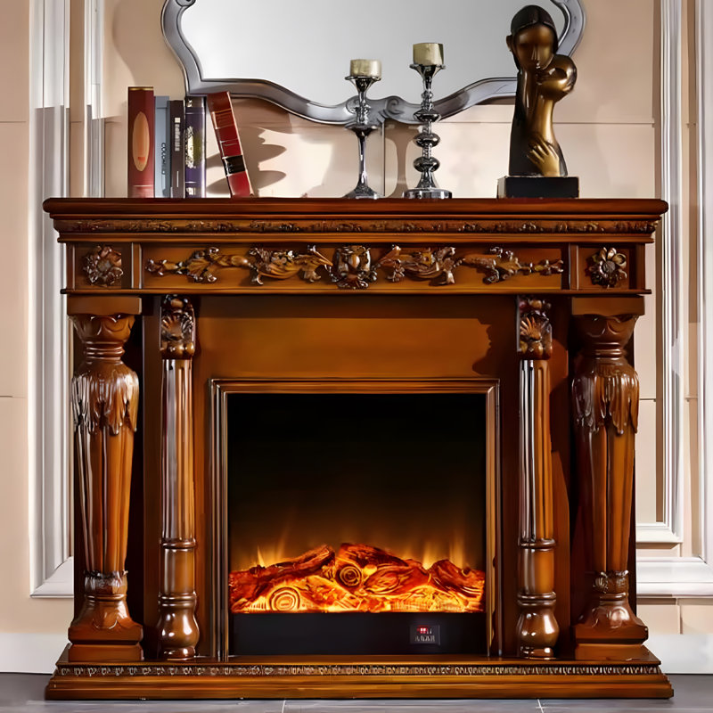 Armoire de foyer électrique en bois massif à colonne romaine de style européen, H 47,24 po x l 59,06 po x P 12,6 po, Brun