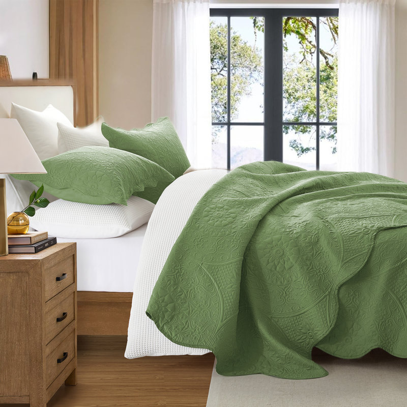 Floral Embossed Microfiber Quilted Bedspread Set, Olive Green, California King Bedspread + 2 King Pillowcases