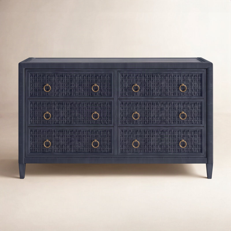 Monterey 6 Drawer Wicker Dresser, Navy, Yes, Brass