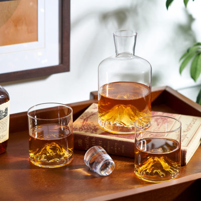 Viski Mountain Decanter & Tumbler Gift Set, Lead-Free Crystal Barware, Set Of 1 Decanter & 2 Glasses, Liquor Decanter, Whiskey Tumblers