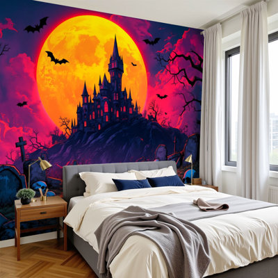 Peel and Stick Wallpaper 96" W x 69" H Modern Self Adhesive Wall Mural for Bedroom Gothic Castle Full Moon Bats Graveyard Spooky Horror Night Landscape