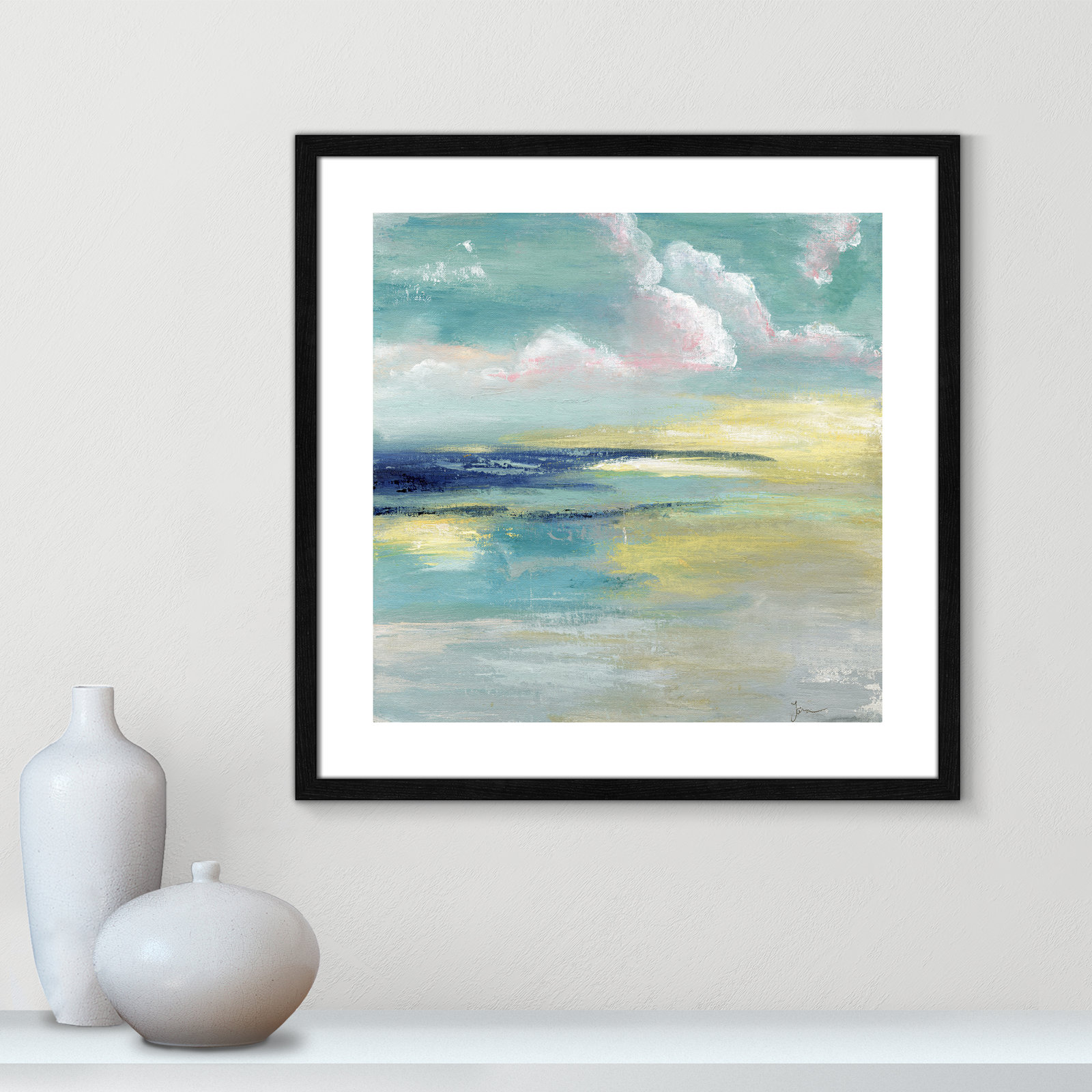 Bertie "Ocean View" Painting by Tava Studios, 24.75" H x 24.75" W x 0.75" D, Black Wood Framed Paper