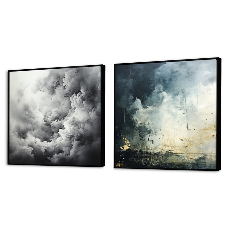 Minimalisme gris ciel tempête - Strom carré ensemble de 2 collages, Cadre flottant noir, H 36 po x l 73 po