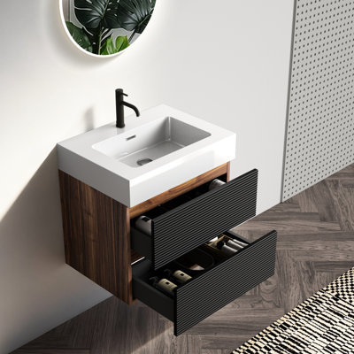 Meuble-lavabo mural de 24 po avec lavabo à quartz d'ingénierie, tiroirs noirs doux, conception Mid-Century, panneaux en bois de qualité E1, finition laquée E0, poignée cachée, test de fermeture ouvert 50000, silencieux