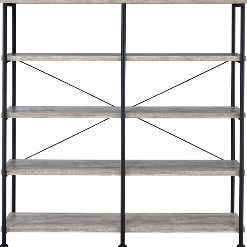 Bibliothèque rustique en bois flotté gris, 4 tablettes, utilisation de bureau, bibliothèque en métal noir à 4 tablettes et support noir