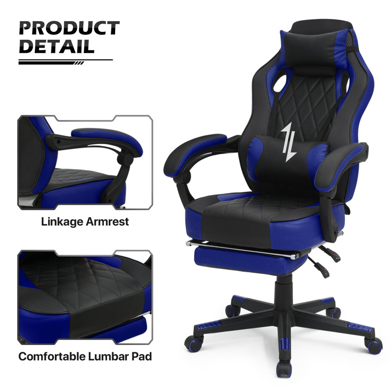 Reclining Computer Chair with Footrest & Detachable Lumbar Support 360 Degree Swivel, Blue