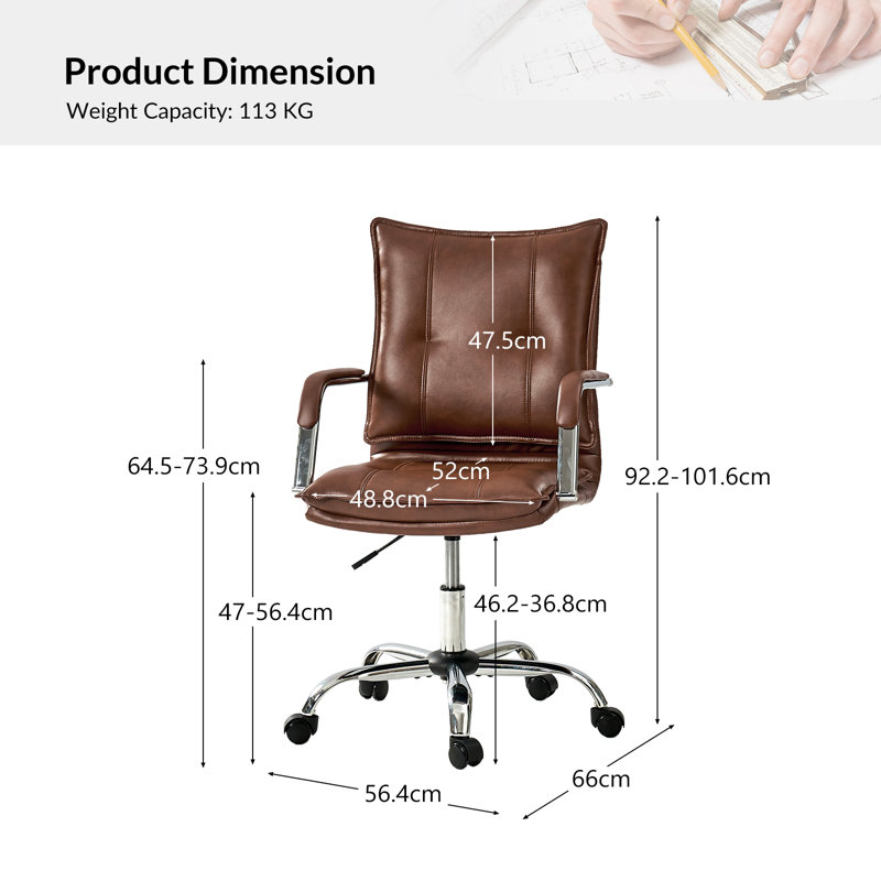 Gedrie Modern Faux Leather Swivel Office Chair, Brown, Silver