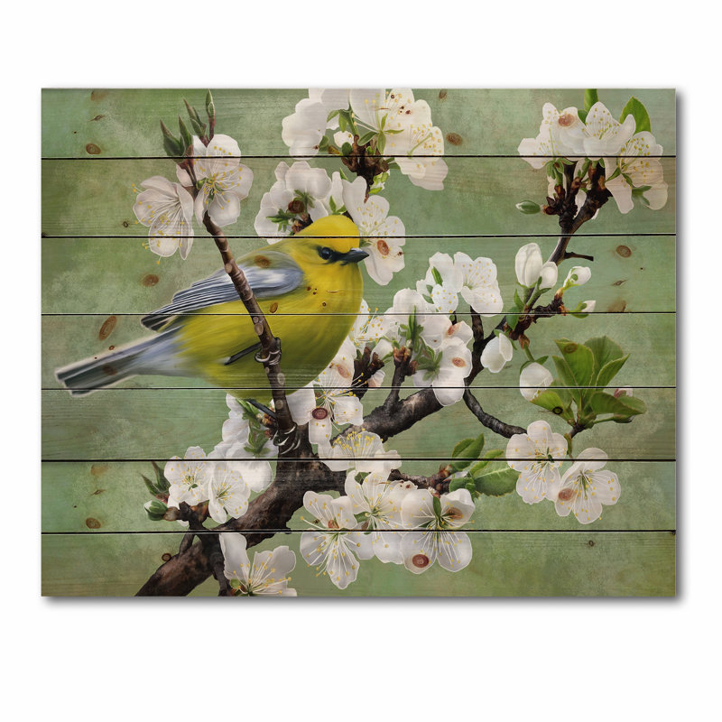 Oiseau sur une branche de cerisier - Impression traditionnelle sur bois de pin naturel, H 10 po x l 20 po x P 0,78 po
