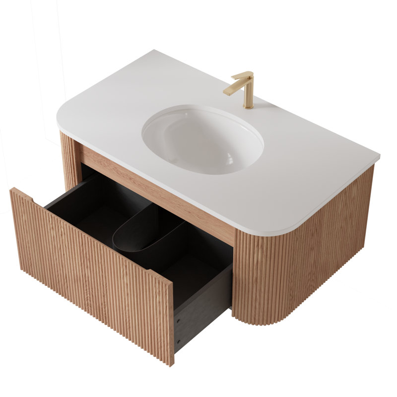 36 Inch Wall Mounted Bathroom Vanity with White Artificial Marble Countertop, Ceramic Sink, Curved Design with Stripe, Pre-Assembled