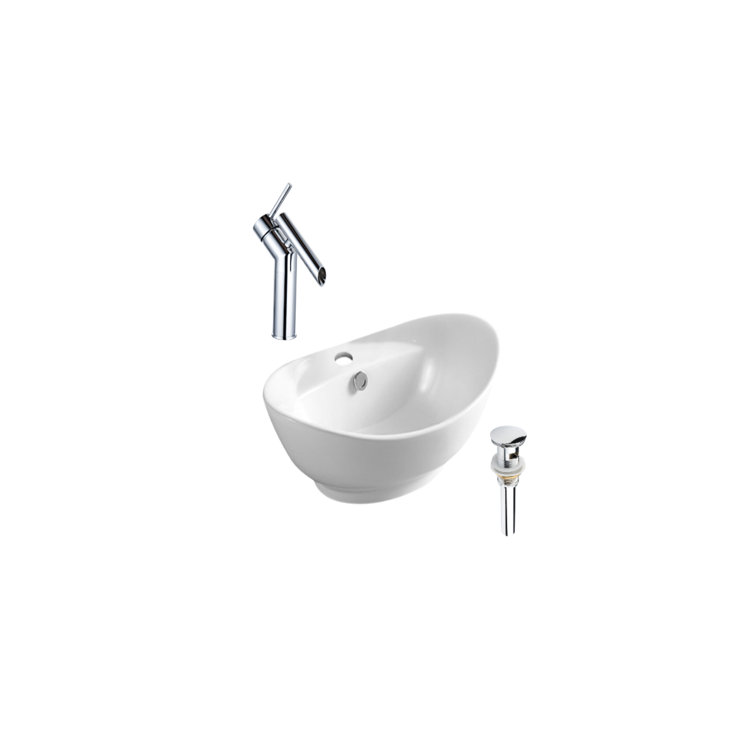 DROP Bath And Kitchen 10'' Ceramic Oval Bathroom Sink with Faucet and Overflow