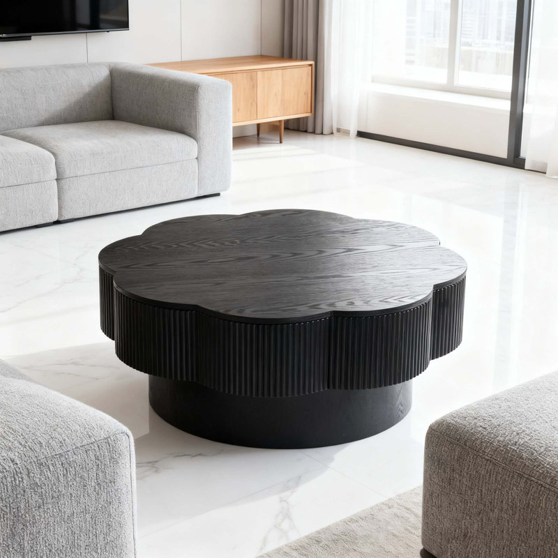 Table basse moderne en forme de fleur avec rangement caché, conception élégante de fleurs de prunier pour le salon et le bureau, assemblage facile, placage de bois naturel, noir