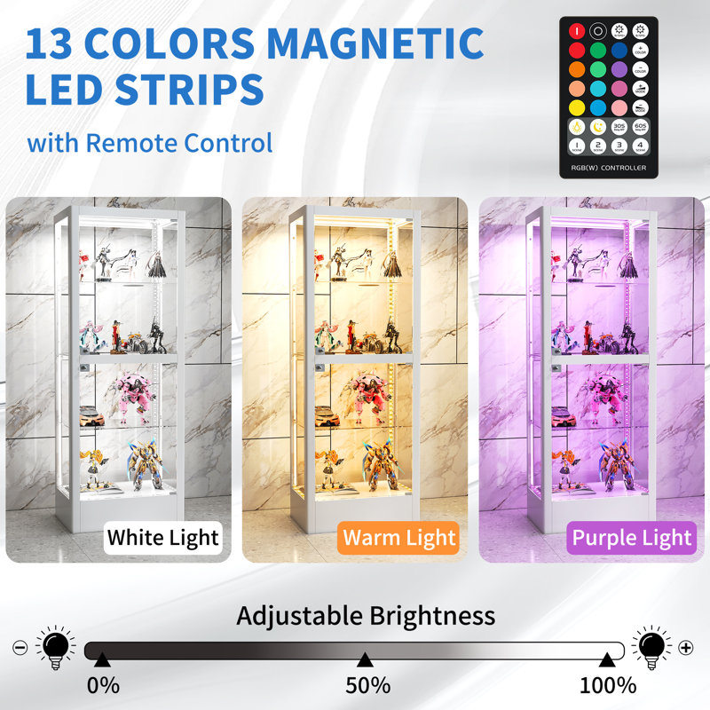 63" Freestanding 4-Sided Glass Display Cabinet With Magnetic LED Light Strip, White
