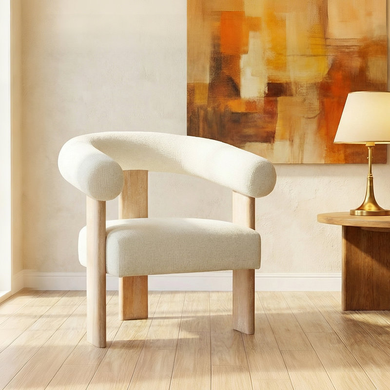 Mid-Century Modern Upholstered Barrel Armchairs Set of 2, Living Room, Cream Cheniile