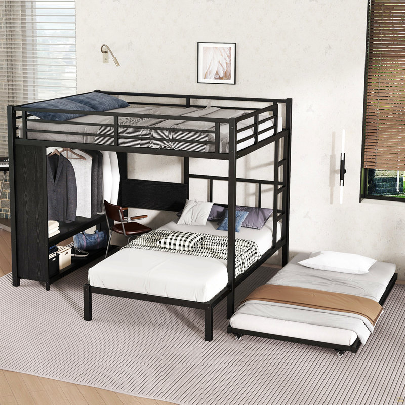 Grand lit superposé simple avec garde-robe intégré, lit superposé en métal avec lit gigogne, bureau pliable, échelles