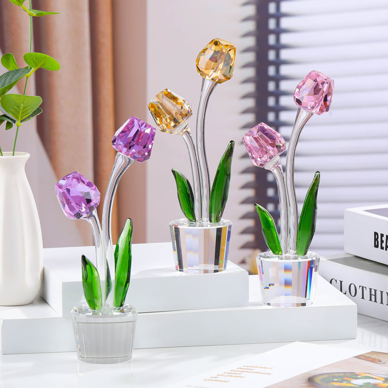Figurine décorative tulipe en cristal avec fleurs à facettes, feuilles vertes et base transparente, Mauve