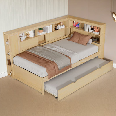 Lit de jour simple en bois avec tablettes de rangement, USB et lit gigogne