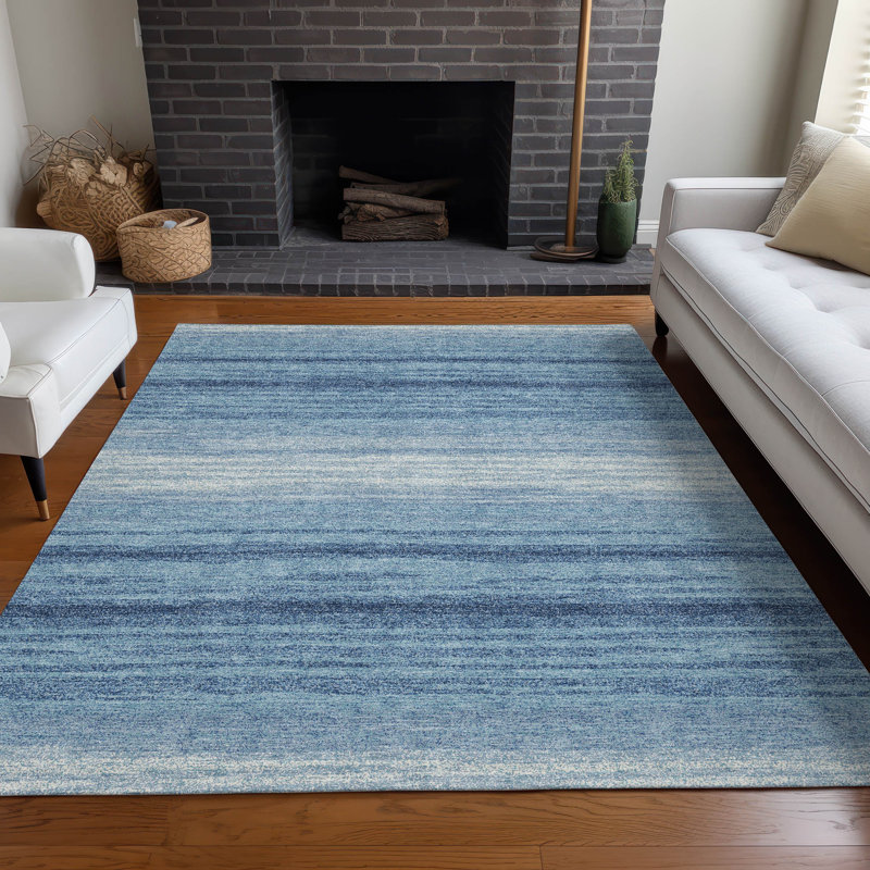 Blue Ombre Stripe Synthetic 8' x 10' Washable Rug