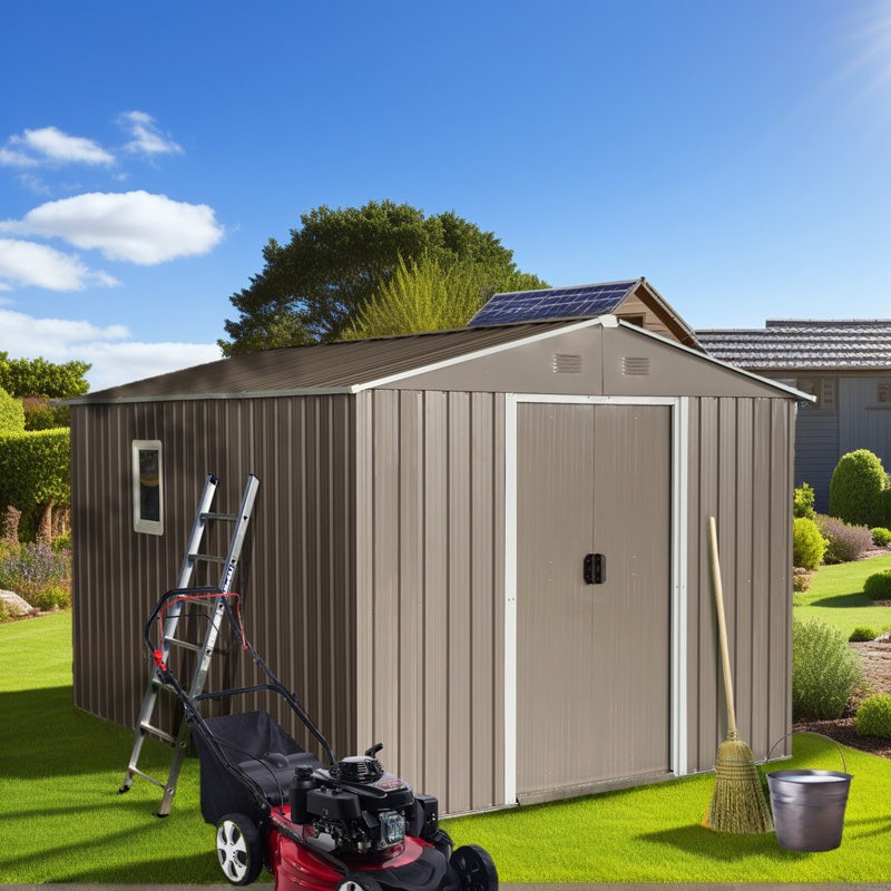 8ft x 10ft Outdoor Metal Storage Shed with Metal Foundation & Sliding Doors – Weatherproof, Includes Padlock & Tools, Gray