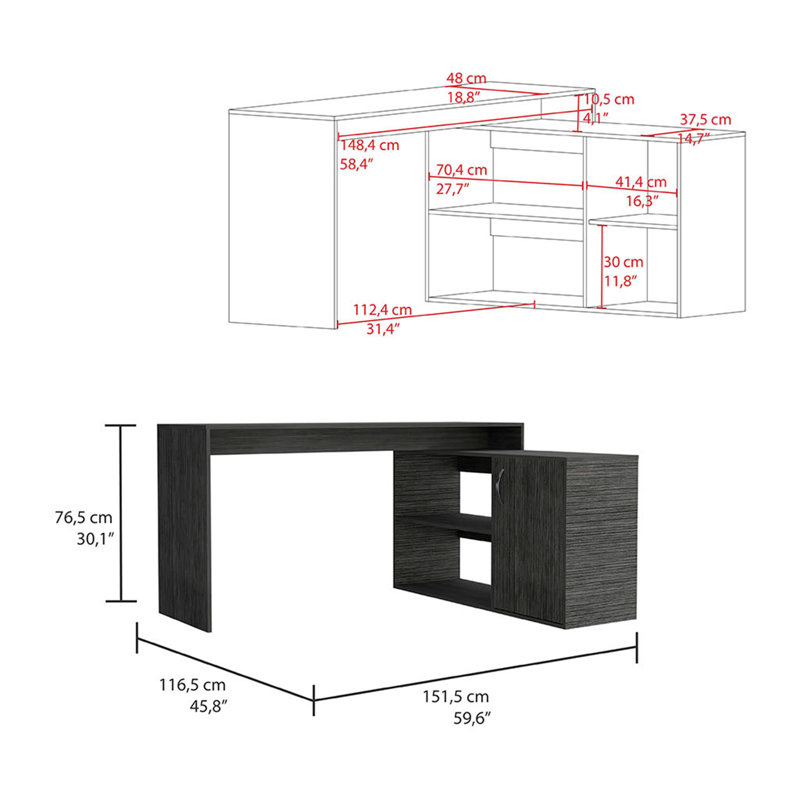 Axis Modern L-Shaped Computer Desk with Open & Closed Storage, Smokey Oak