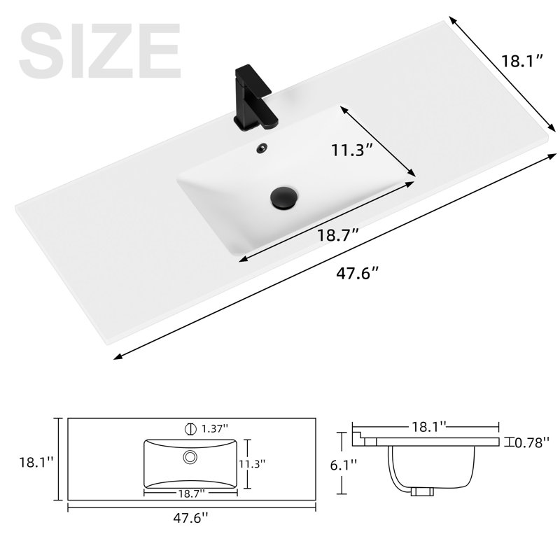 Breonica 48" Single Sink Resin Top Integrated Bathroom Vanity Sink with Single Hole Faucet, Pop Up Drain