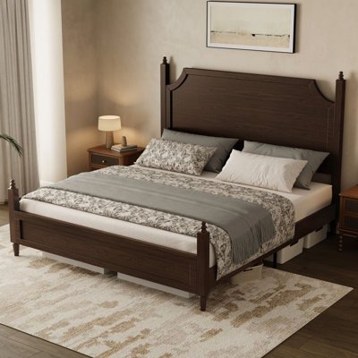 Vintage-Inspired Platform Bed Frame, Ornate Headboard With Turned Posts, No Box Spring Needed