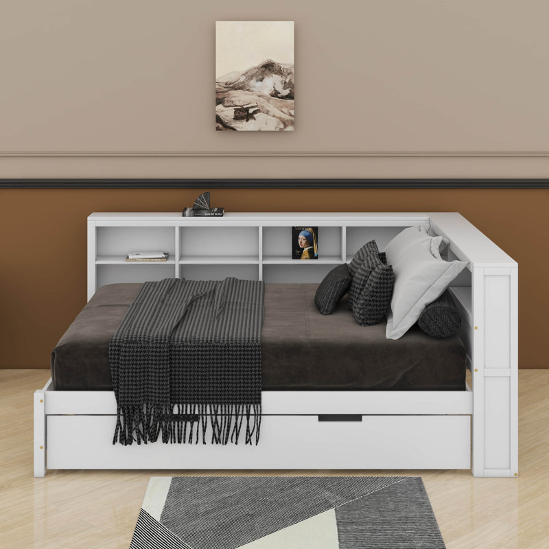 Lit de jour double avec lit gigogne, lit de jour avec lit gigogne escamotable, canapé-lit en bois avec tablette de rangement