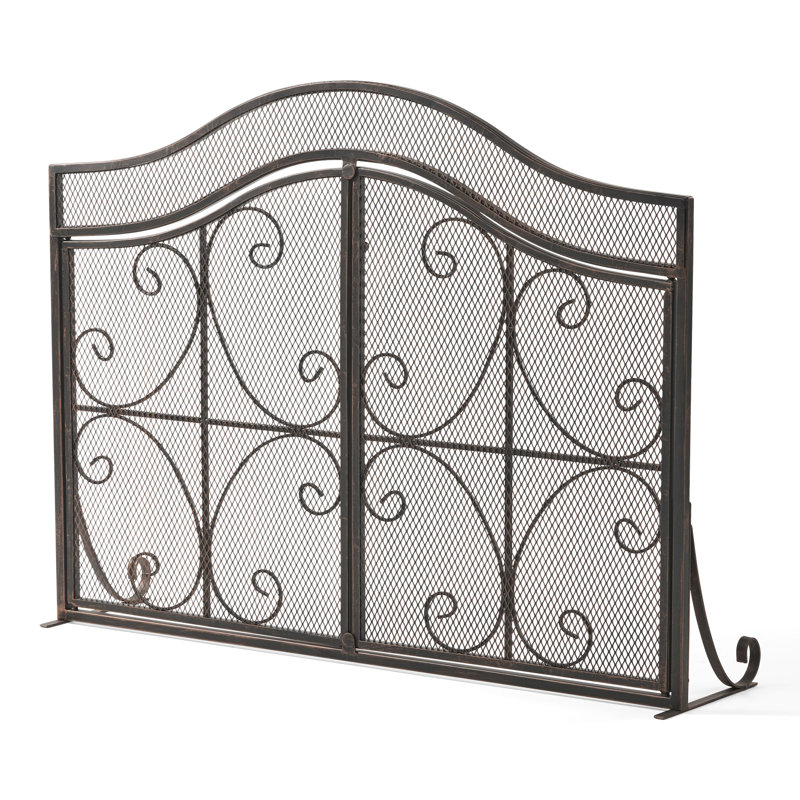 Barrière de foyer, fer, 2 portes, H 32,03 po x l 43,25 po, pare-feu ornemental contemporain avec détails, facile d'accès, mat