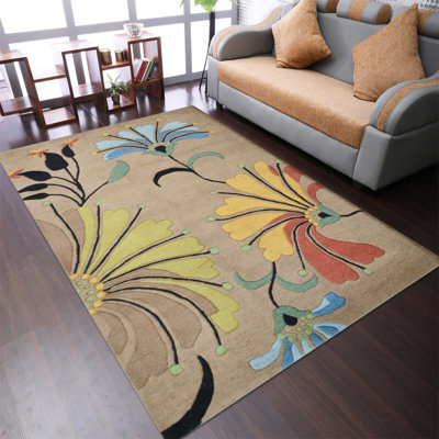 Styles Tapis en laine touffeté à la main écologique - Rectangle | Couleur chameau | Motif floral | Tapis de salon, chambre à coucher