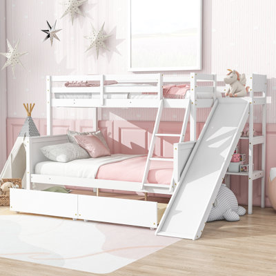 Lit superposé simple au-dessus d'un lit double avec glissière en bois d'hévéa, 2 tiroirs - tablettes blanches, glissière en bois d'hévéa