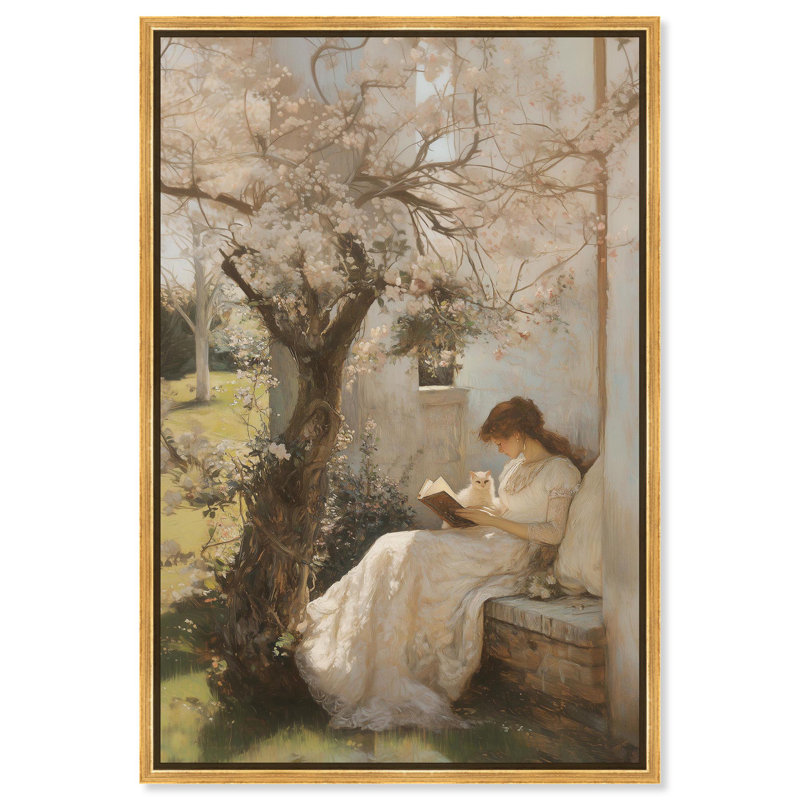 «Reading With Her Cat» par Art Remedy, H 31 po x l 21 po, Cadre flottant, Doré