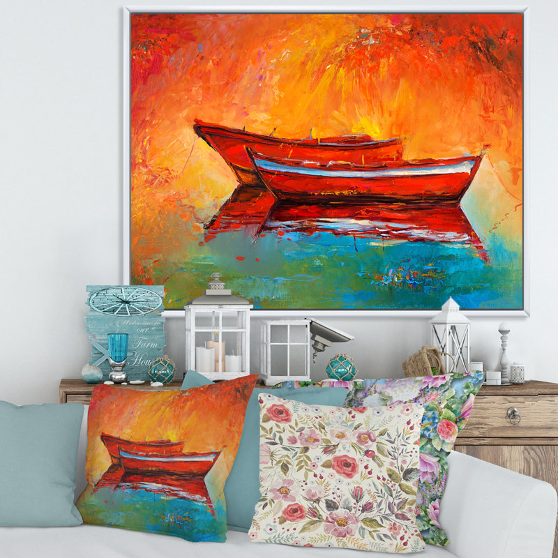 Deux bateaux rouges pendant la soirée - peinture sur toile, Cadre flottant blanc, H 30 po x l 40 po x 1,5 po