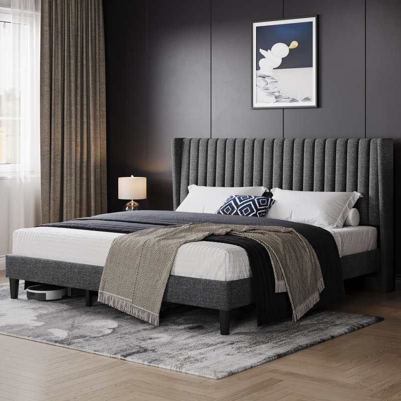 Multi-sized Upholstered Bed Frame with Channel Tufted Headboard, Dark Gray, King