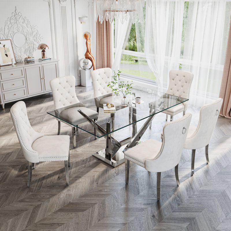 Glass Top Metal Base Dining Table With 6 Velvet Dining Chairs,7 - Piece Pedestal Dining Set, Silver, White