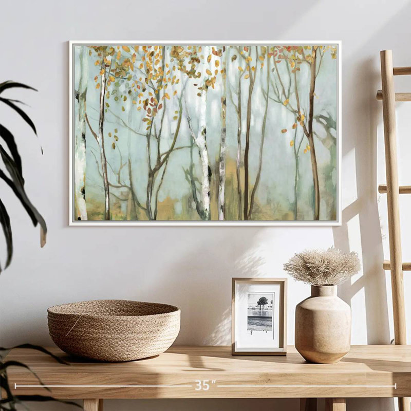 Bouleau dans le brouillard II, Cadre flottant blanc, 25 po x 17 po