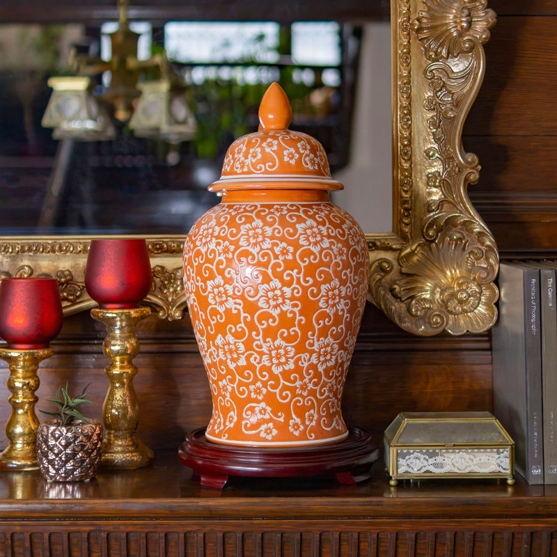 Timeless Chinese Temple Jar, 18", Orange Flower