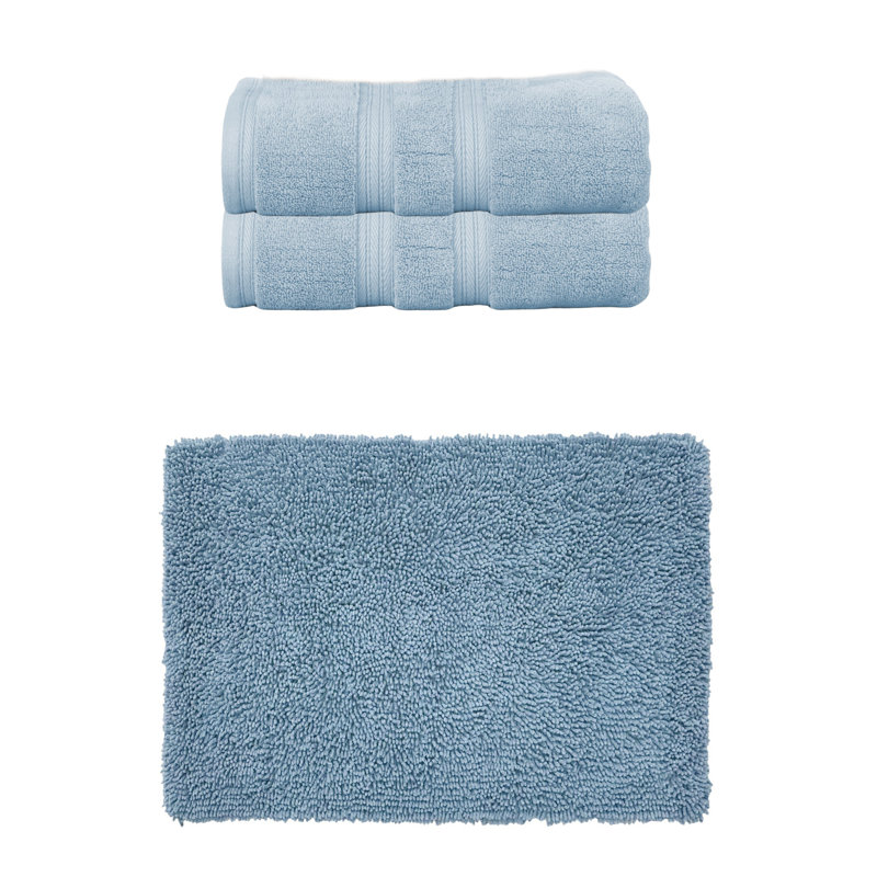 Bruno Collection 100% Soft Cotton Bath Towel Set & Bath Rug, 3 Piece Towel Set, Blue