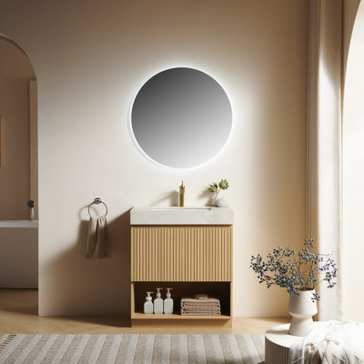 Meuble-lavabo FINO 30, sur pied, comptoir en pierre frittée couleur crème veinée or et lavabo en céramique avec 1 trou pré-percé pour robinetterie, démonté, robinetterie et bonde non inclus, couleur chêne Corolla
