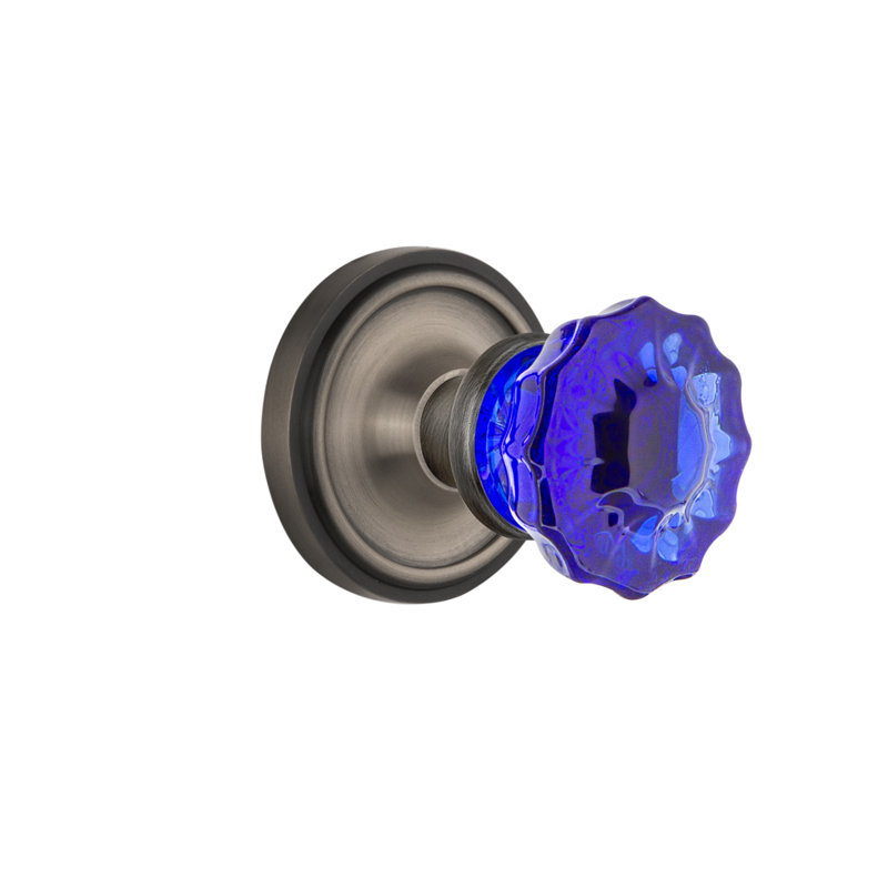 Classic Rosette with Crystal Cobalt Door Knob, Antique Pewter