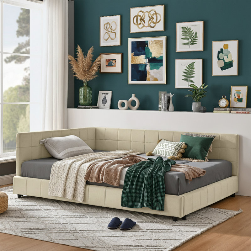  81" Full Size Upholstered Daybed - Solid Eucalyptus Wood Frame - Velvet Corner Chaise Lounge - 500 lbs Capacity, Beige