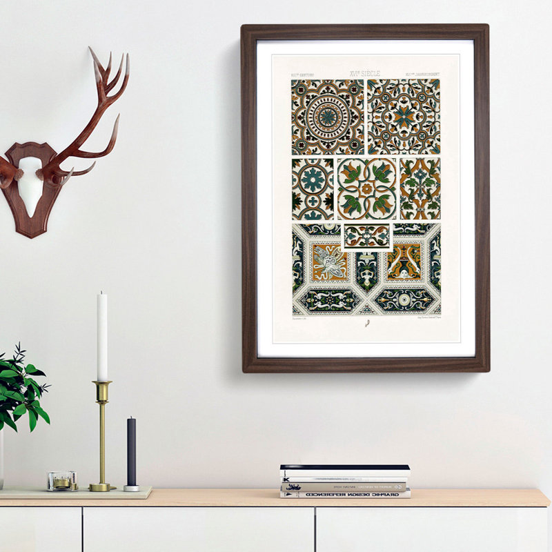 16th Century Floral Pattern by Albert Racinet - Picture Frame Painting Print, 65cm H x 48cm W x 2cm D, Walnut Framed
