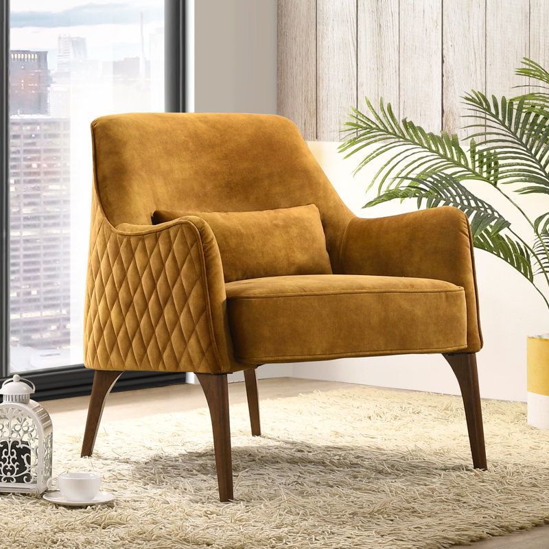 28.34" W Diamond Tufted Armchair with Solid Oak Legs, Gold Velvet