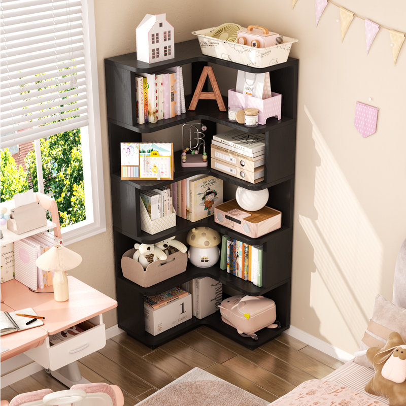 63.8"H 6-Tier L-Shaped Corner Bookshelf, Black