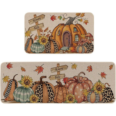 2PC Happy Fall Pumpkin Kitchen Rug Set – Low-Profile Thanksgiving Floor Mats