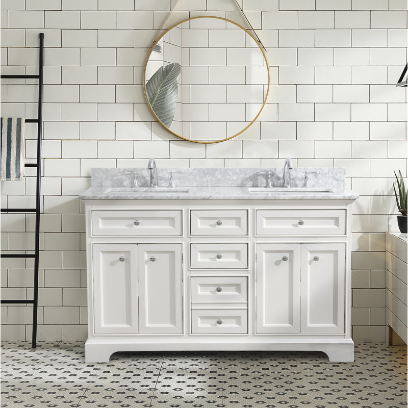 Tate 55'' Double Bathroom Vanity with Carrara Marble Top, White