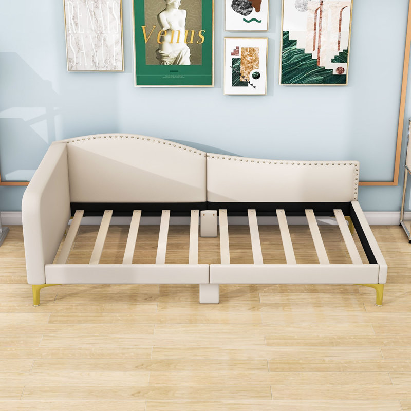 Lit de jour rembourré avec un design élégant et une structure robuste, Beige, Simple