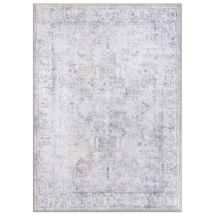 Griffey Oriental Machine Washable Blue/Ivory Non-Slip Backing Area Rug